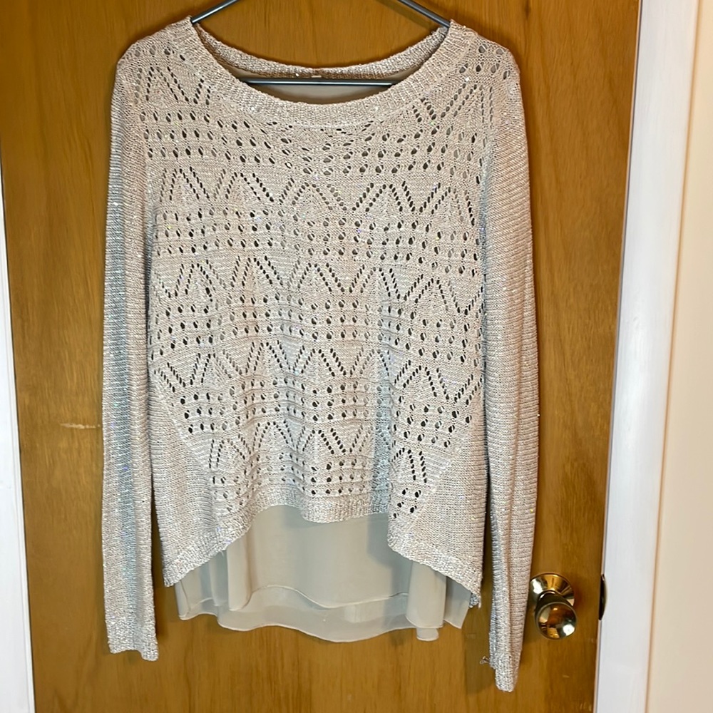 Milano Womens Large Pewter Lined Eyelet Sweater Large Zipper in Back